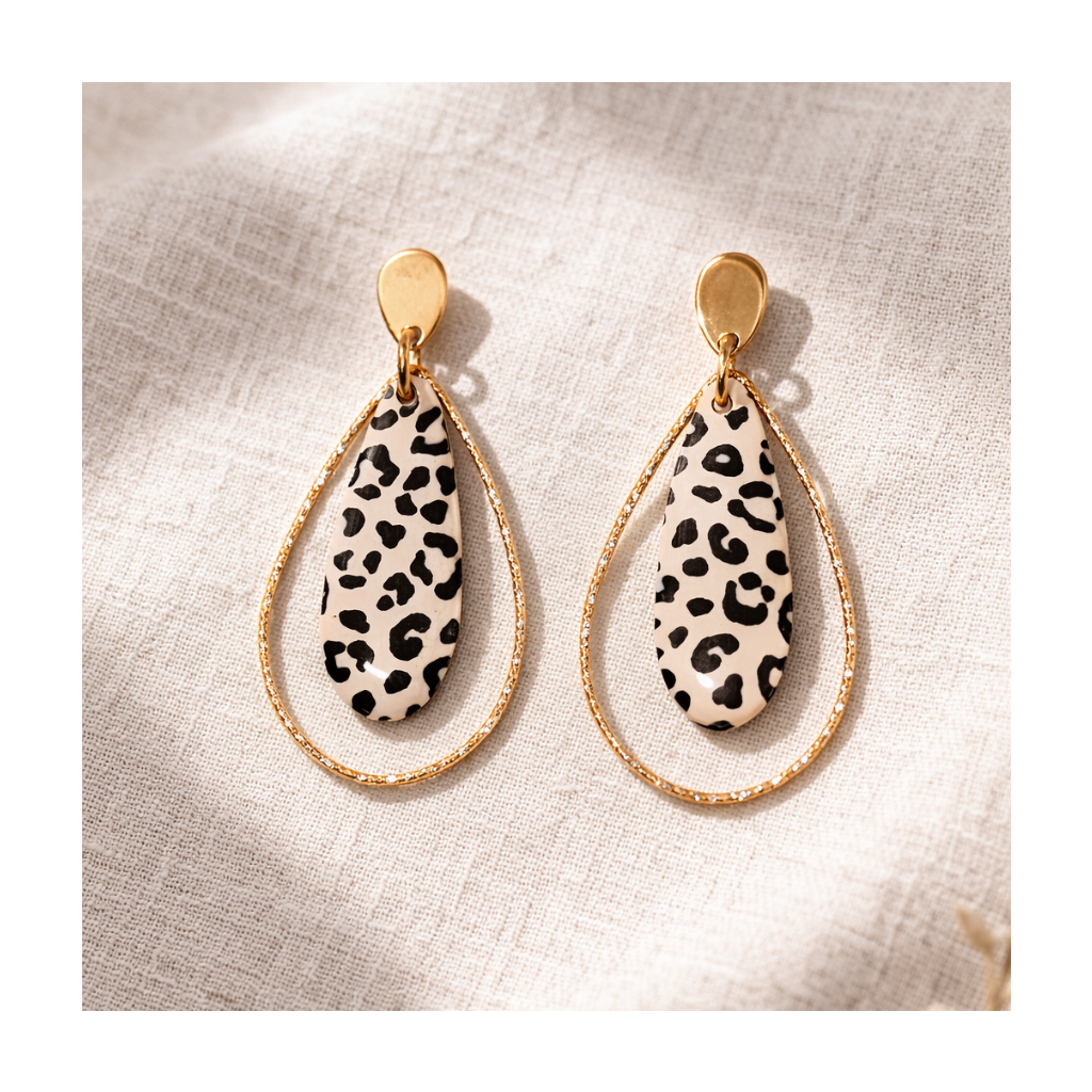 Boucles d'oreilles goutte leopard anneau doré diamanté