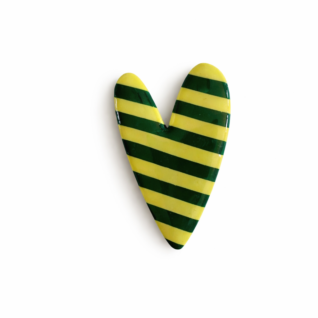 Broche oiseau et coeur rayures vertes