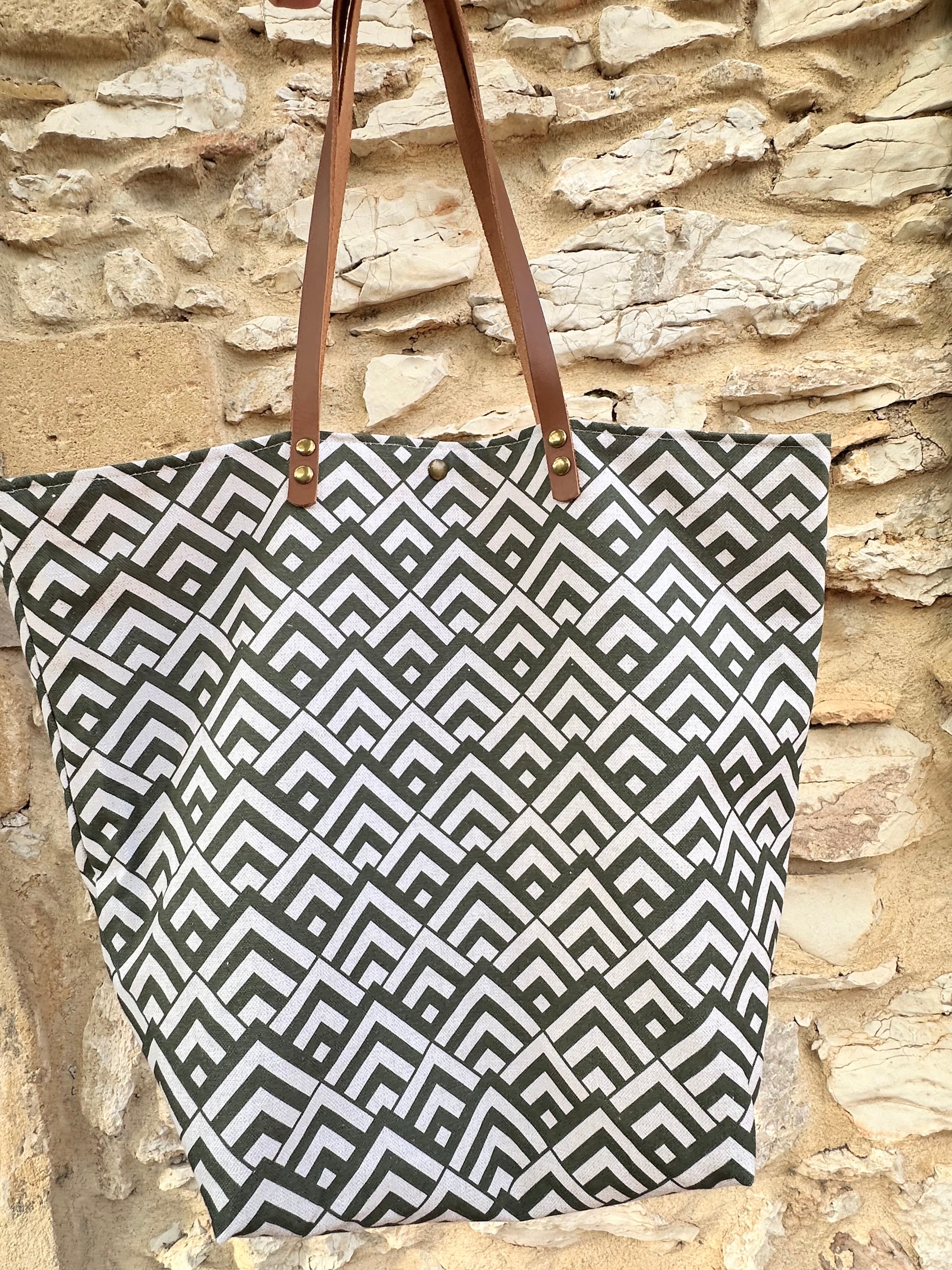 Sac cabas coton motifs graphiques vert olive