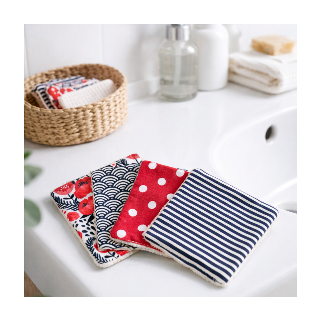Lot de 4 lingettes démaquillantes rouges et bleues