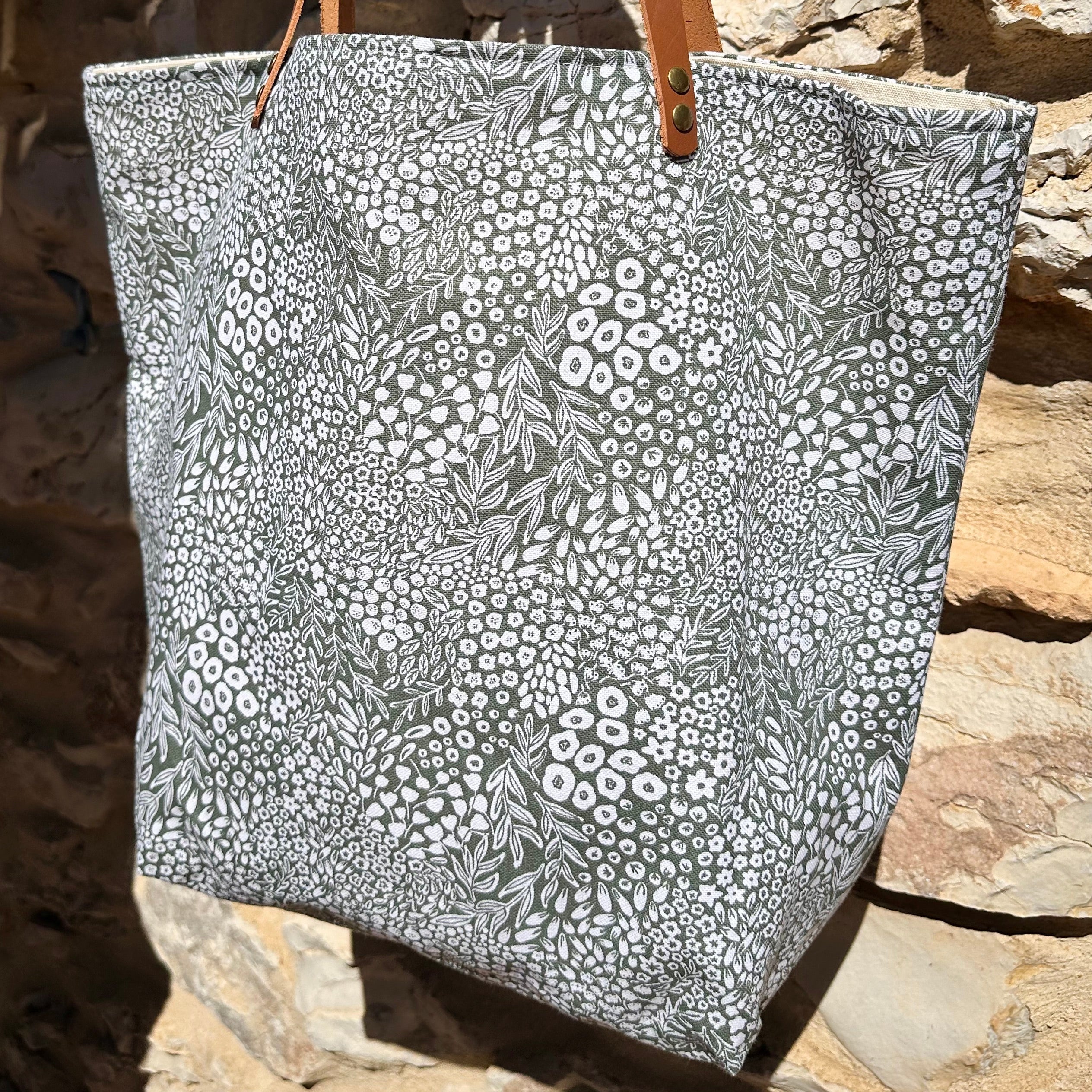 Sac cabas coton fleurs des champs vert