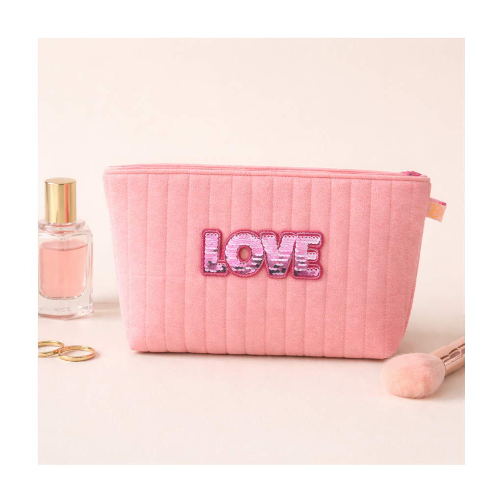 Trousse de toilette velours rose petits brillants patch LOVE en sequins