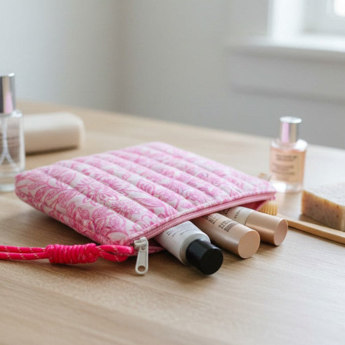 Trousse de toilette double gaze fleurs rose fluo