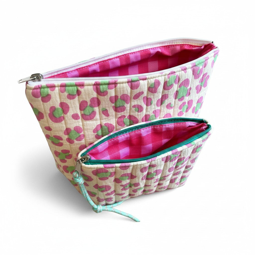 Trousse de toilette double gaze leopard blanc et rose