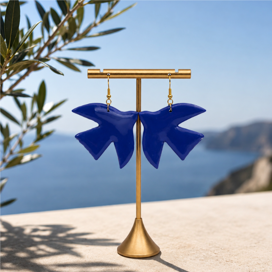 Boucles d'oreilles grands oiseaux bleus vernis