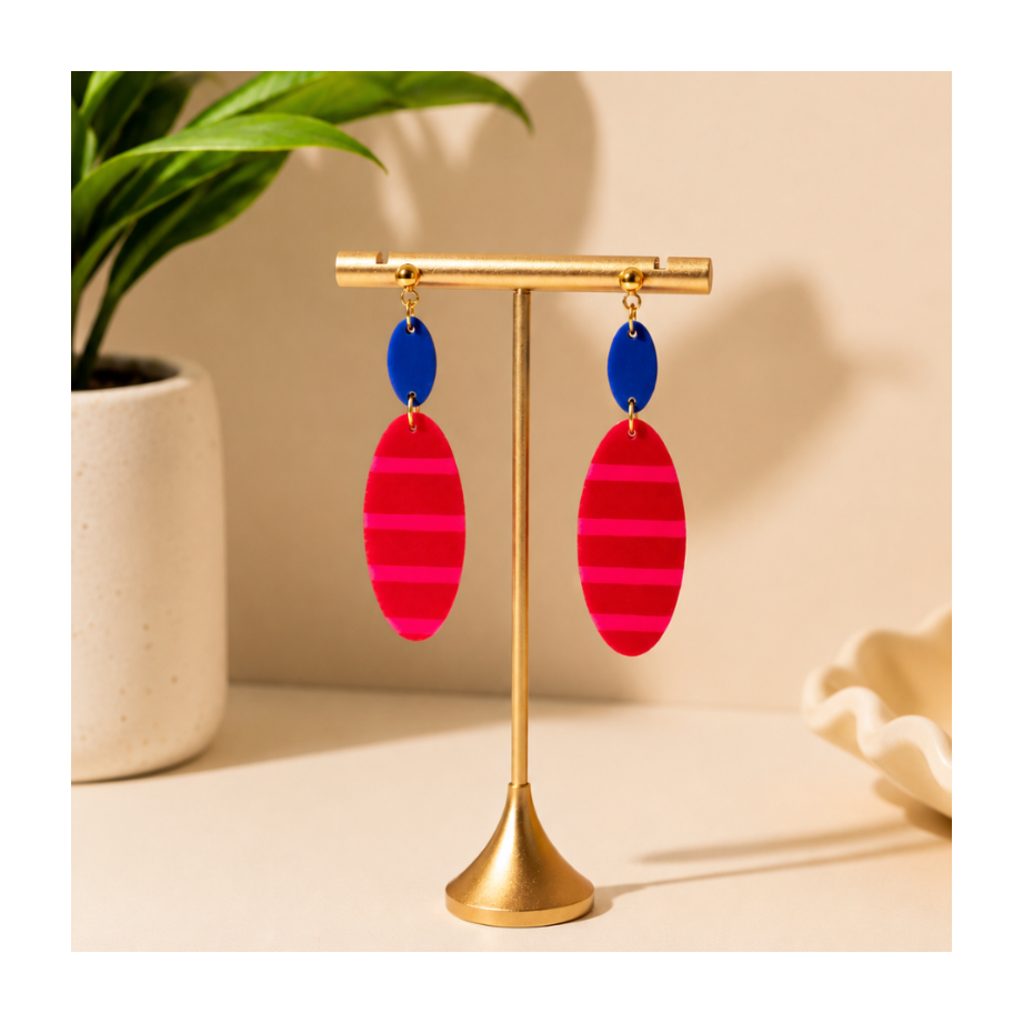 Boucles d'oreilles  rayures rouge et fluo pastille bleue