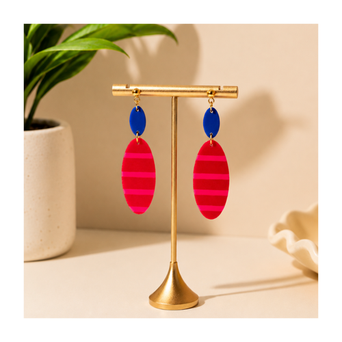 Boucles d'oreilles  rayures rouge et fluo pastille bleue