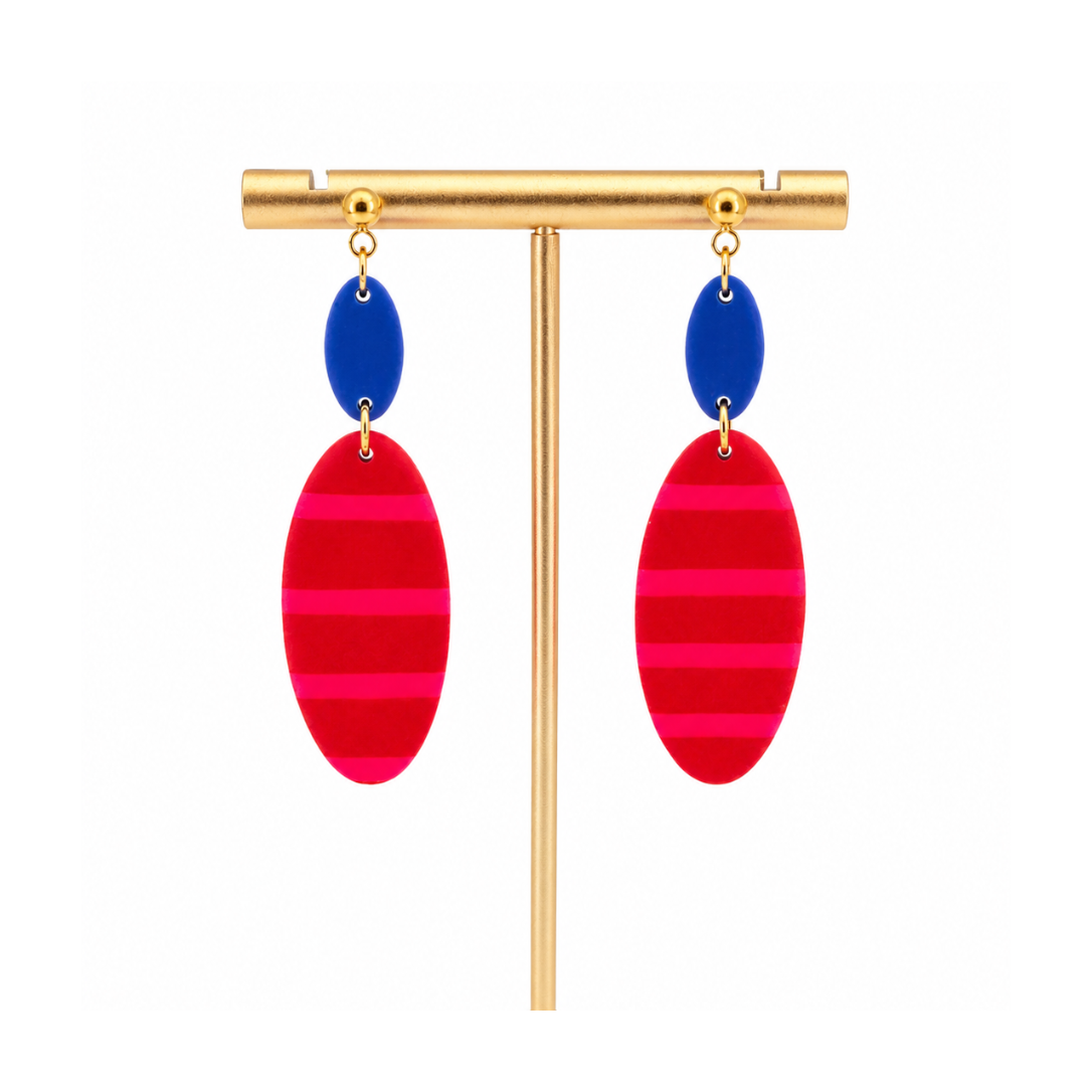 Boucles d'oreilles  rayures rouge et fluo pastille bleue
