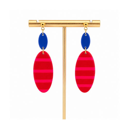 Boucles d'oreilles  rayures rouge et fluo pastille bleue