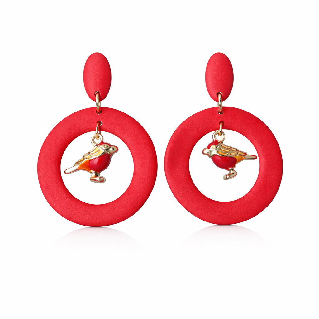 Boucles d'oreilles anneaux rouges et oiseaux