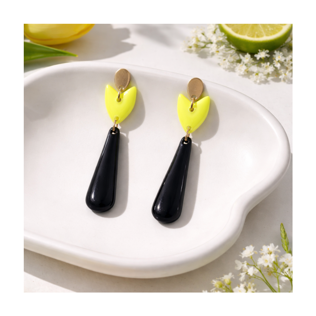 Boucles d'oreilles longues tulipe et goutte fluo