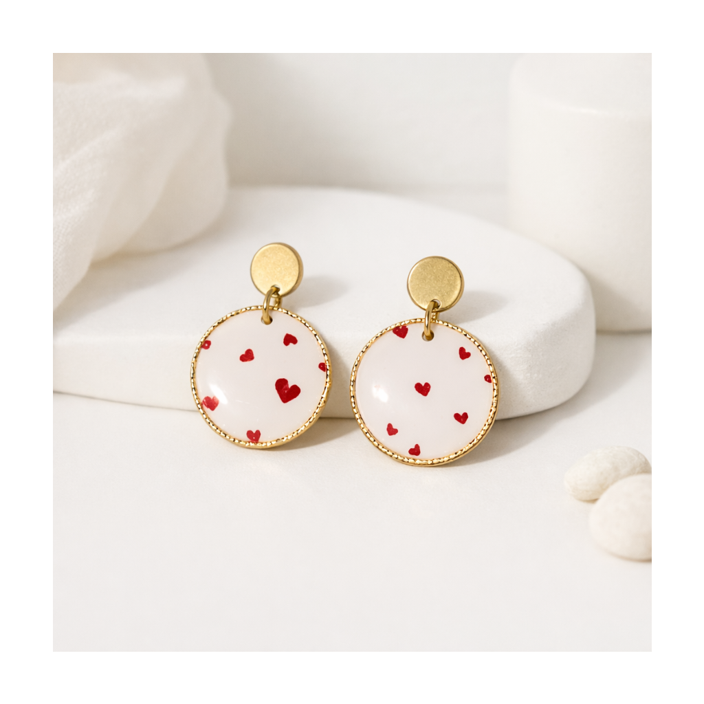 boucles d'oreilles ronde imprimé coeur