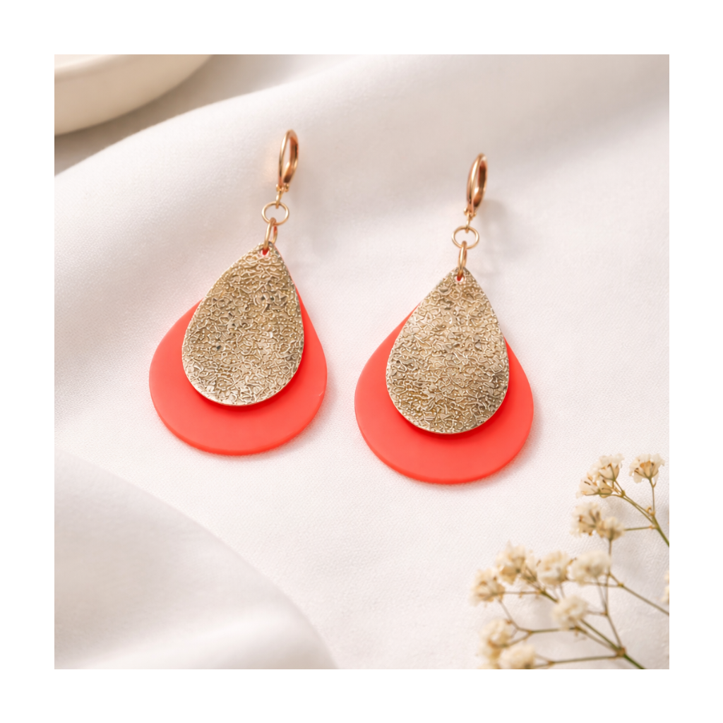 Boucles d'oreilles goutte corail fluo apprêt goutte dorée