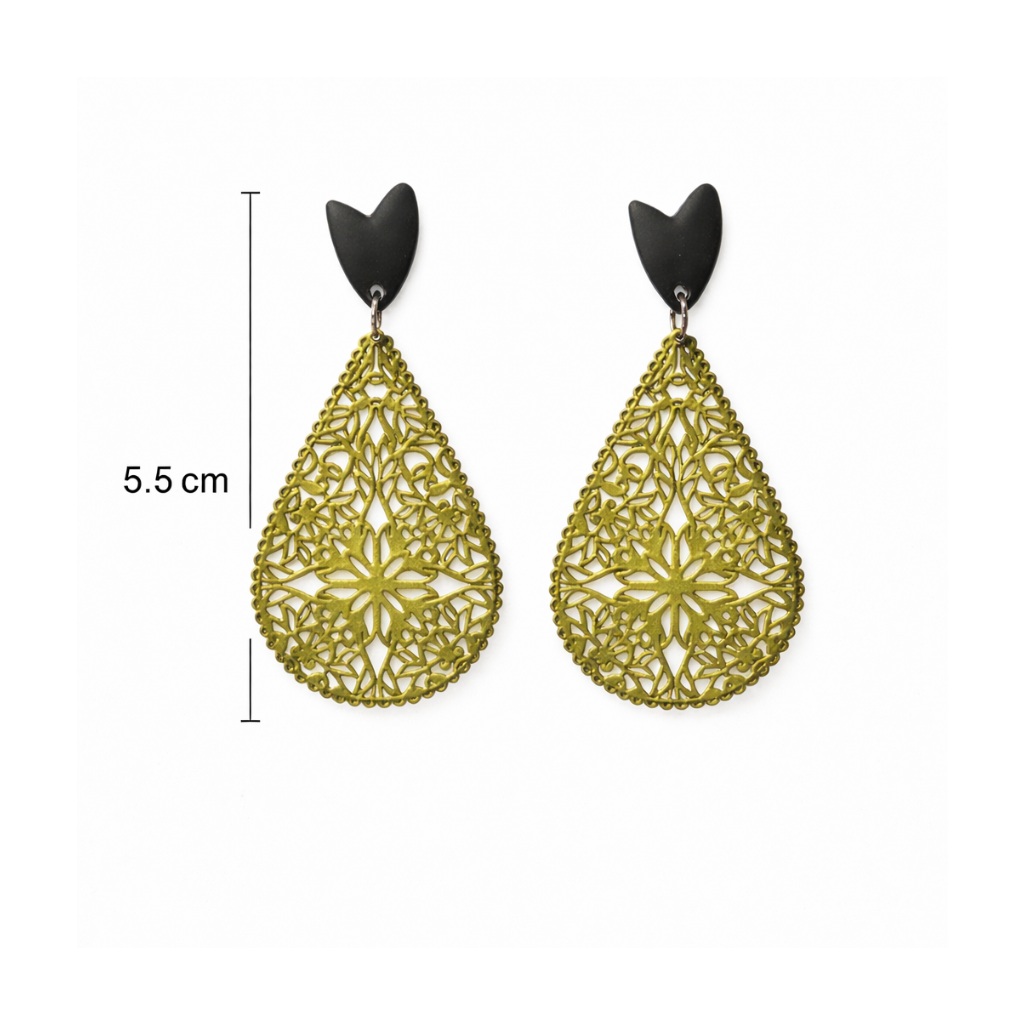 Boucles d'oreilles goutte verte en metal dentelé