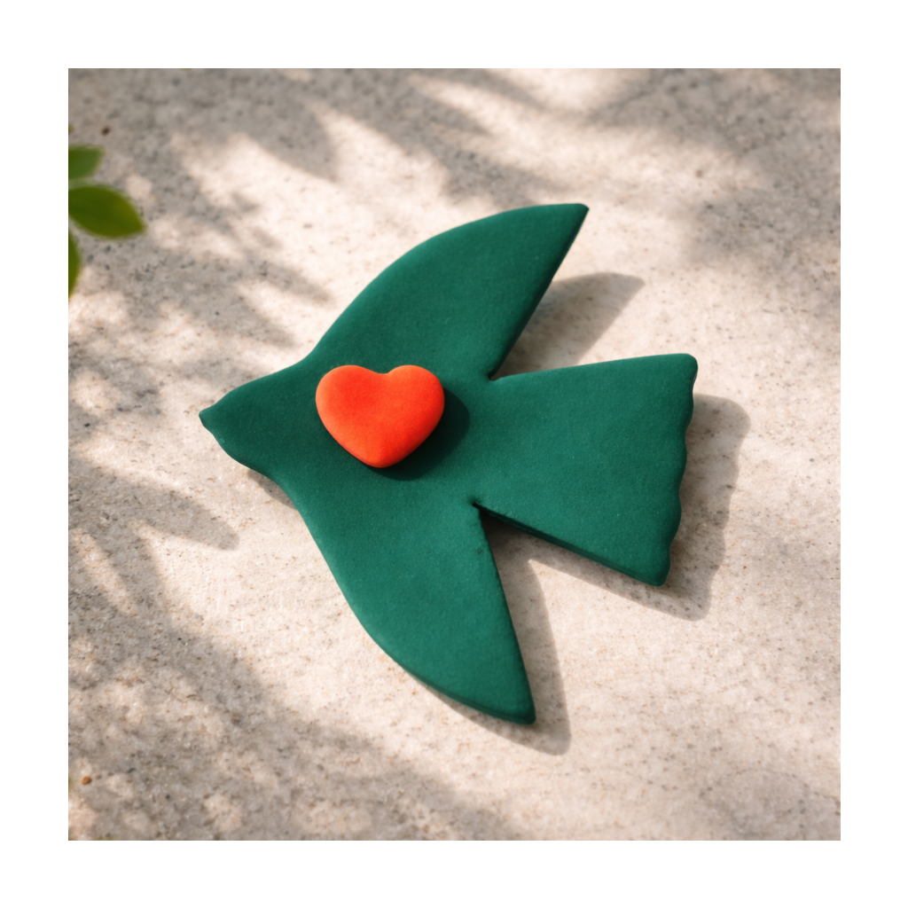 Broche oiseau Matisse vert coeur rouge