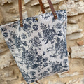 Sac cabas lin fleurs bleues anses en cuir