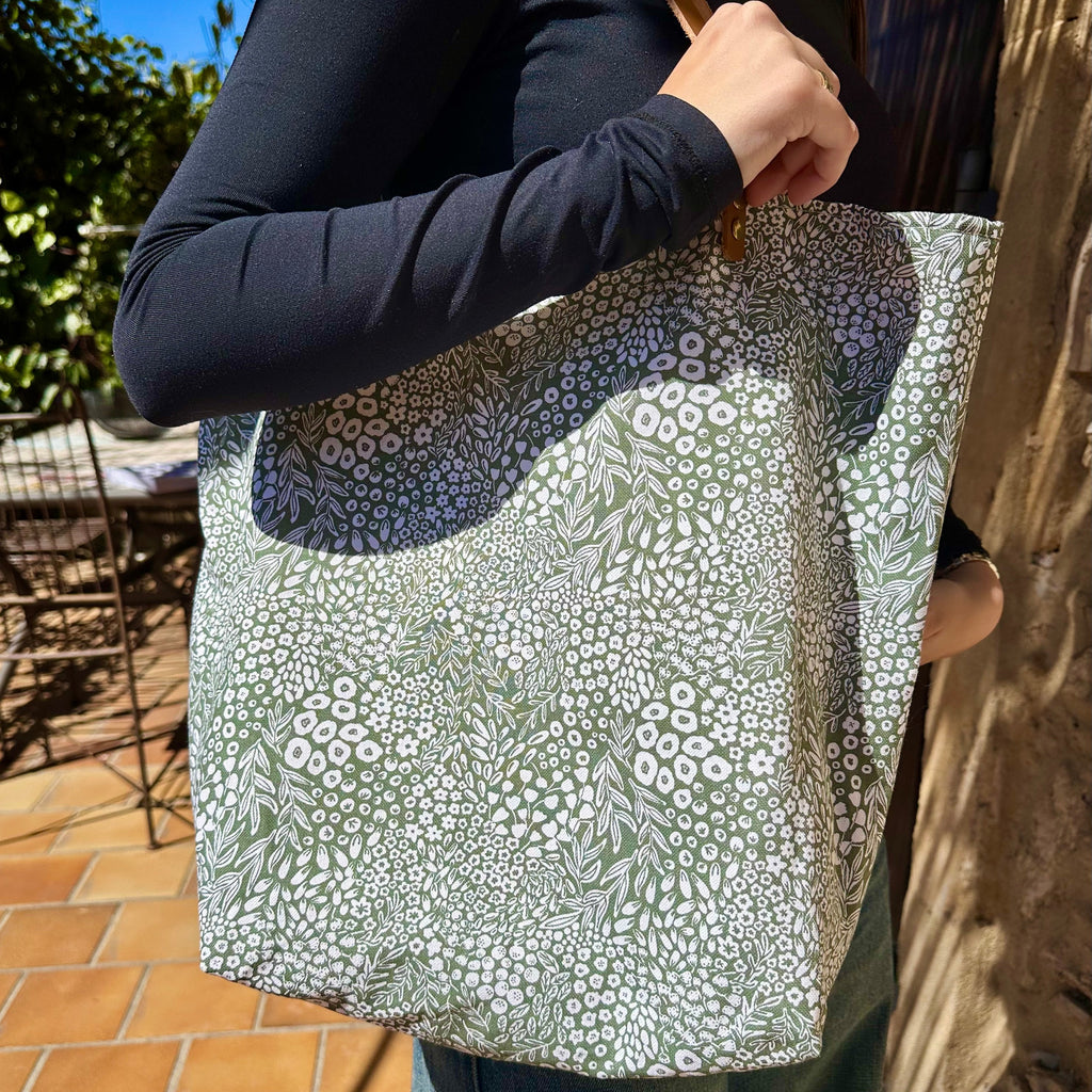 Sac cabas coton fleurs des champs vert