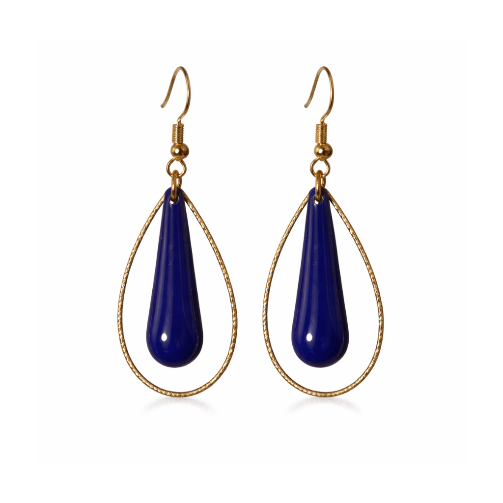 boucles d'oreilles goutte bleue anneau doré diamanté