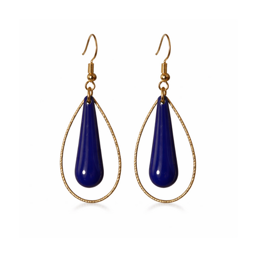 boucles d'oreilles goutte bleue anneau doré diamanté