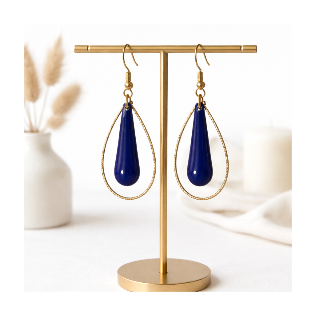 boucles d'oreilles goutte bleue anneau doré diamanté