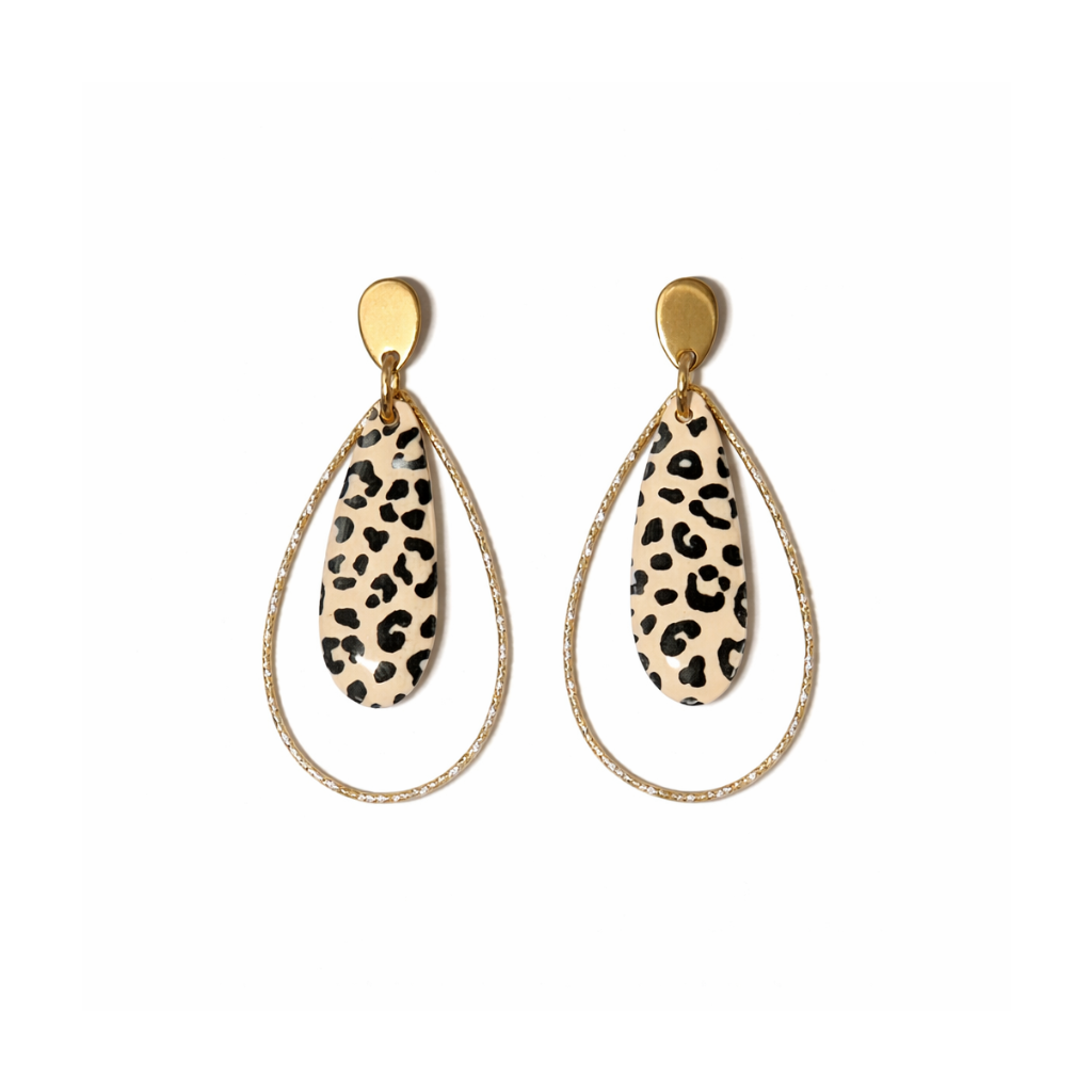 Boucles d'oreilles goutte leopard anneau doré diamanté
