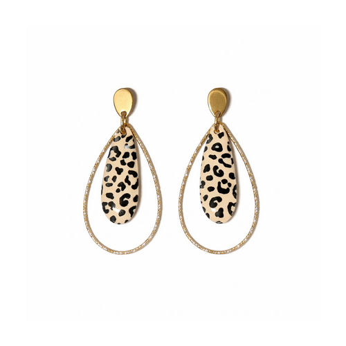 Boucles d'oreilles goutte leopard anneau doré diamanté