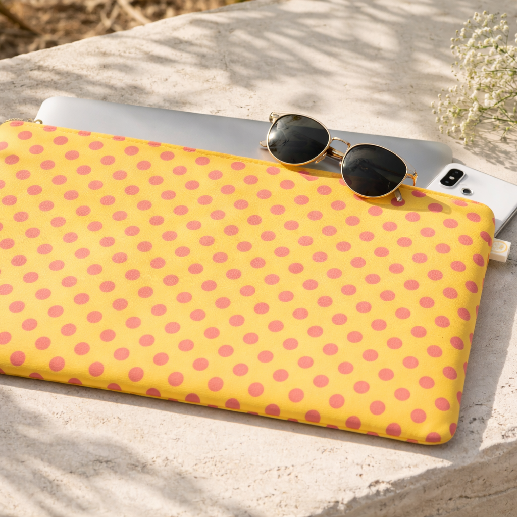 Housse d'ordinateur portable jaune aux pois roses