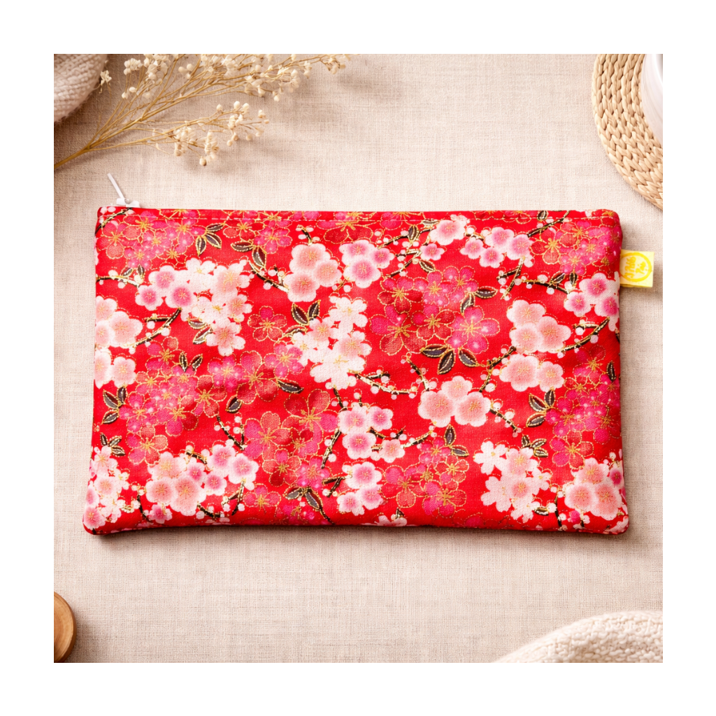 Trousse tissu japonais fleurs de cerisier rouge