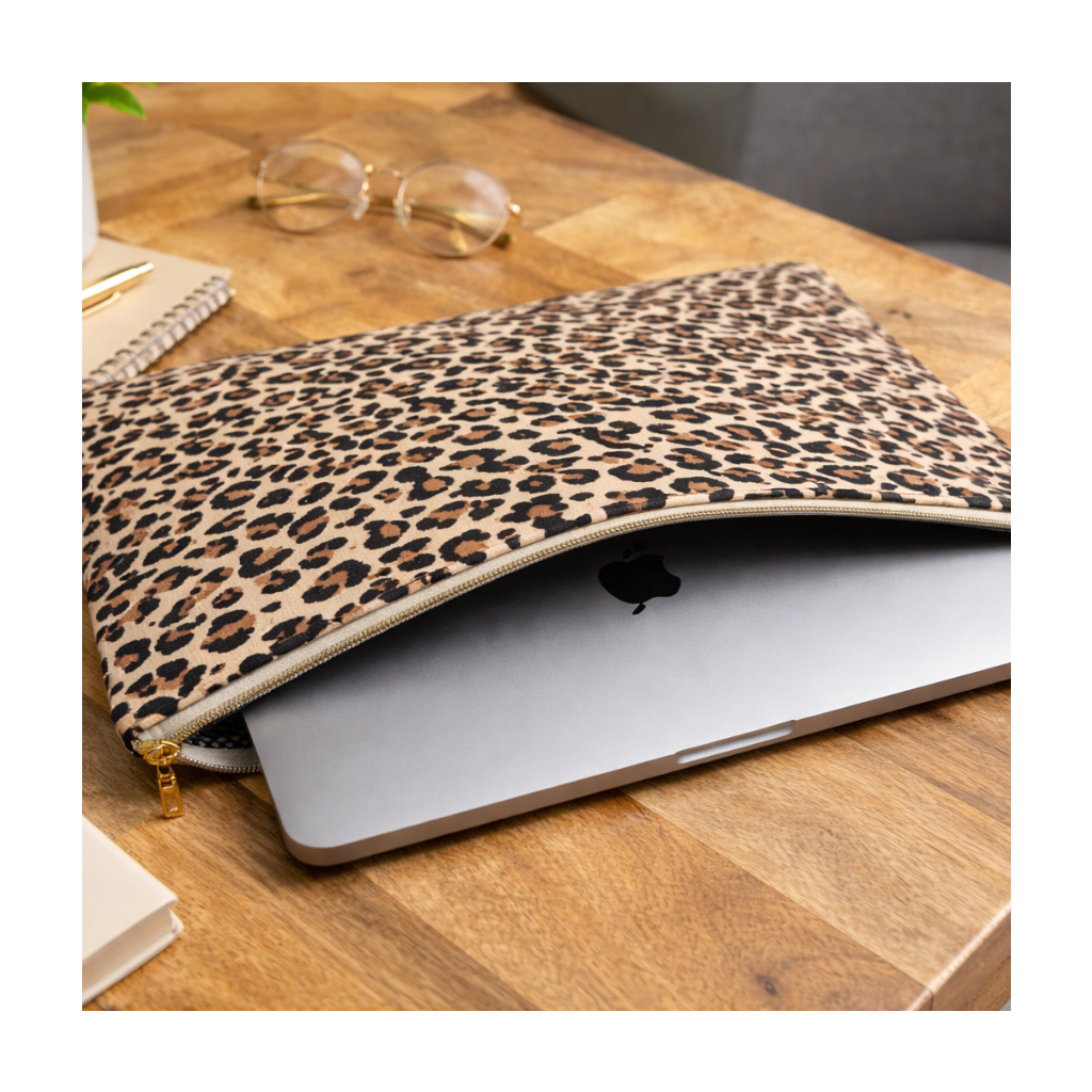 Housse d'ordinateur portable en lin leopard