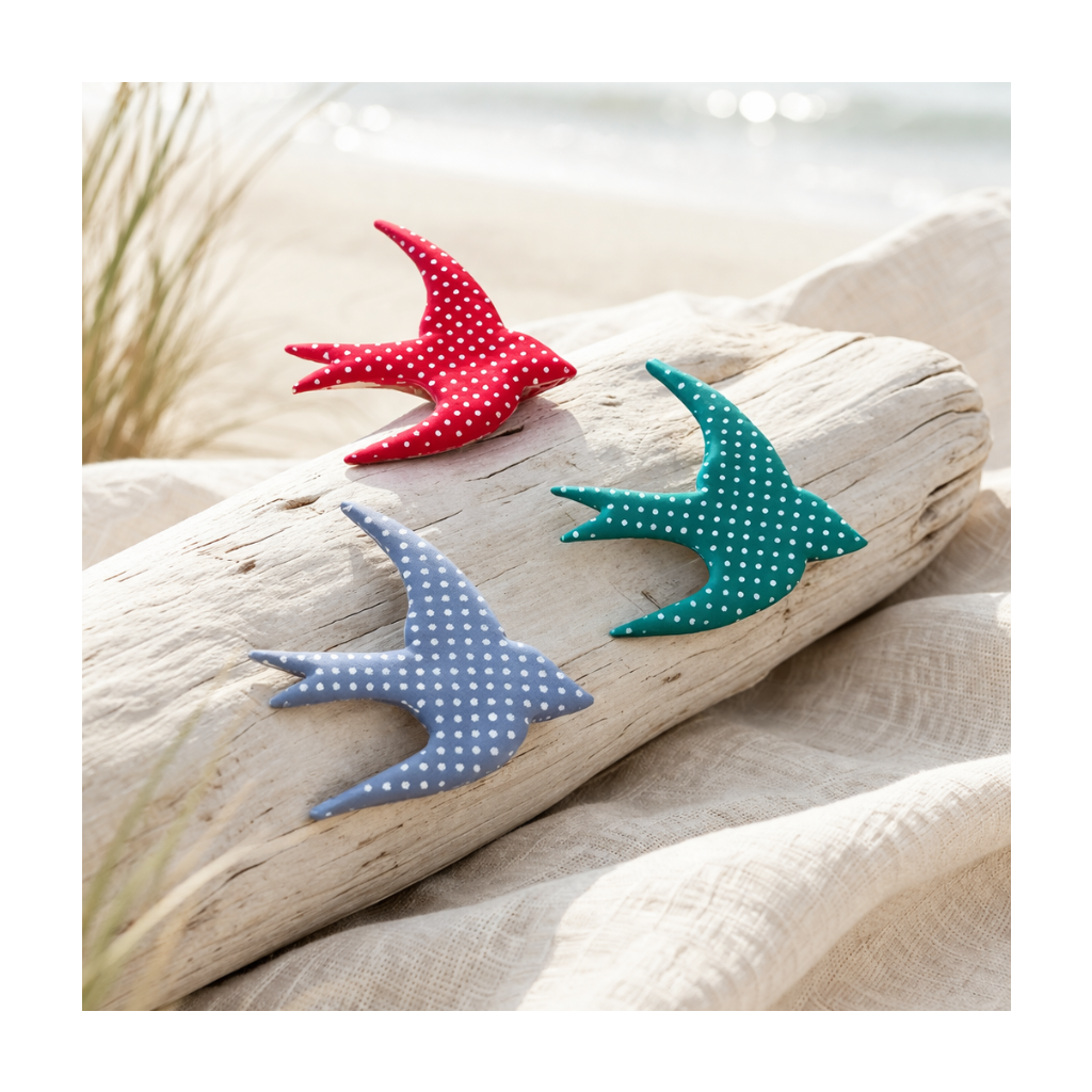Broche hirondelle 3 couleurs à pois blancs