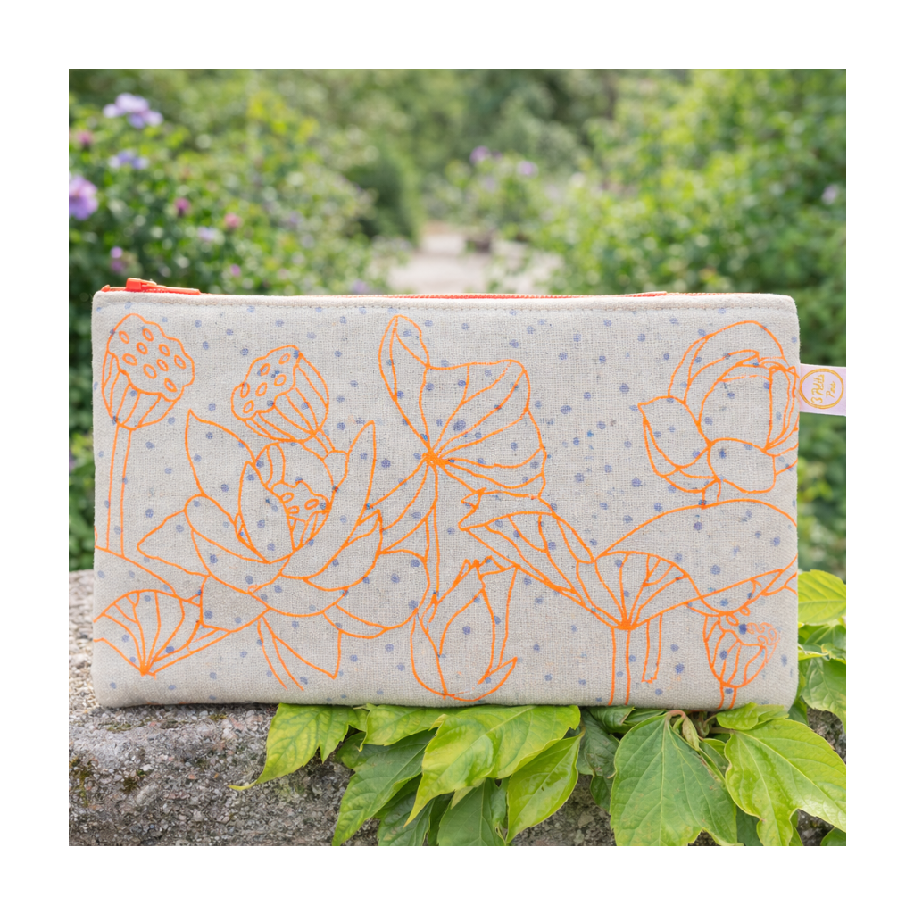 Trousse sérigraphie fleurs fluo et pois violets
