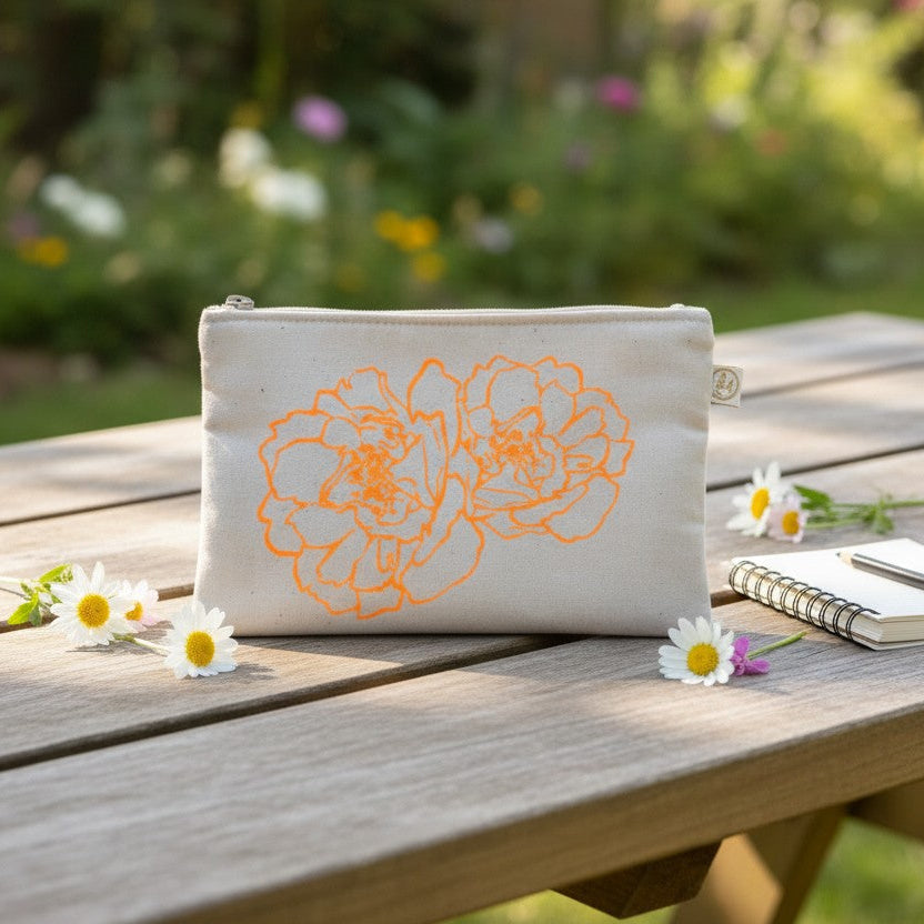 Trousse sérigraphie fleurs orange fluo