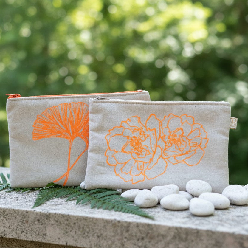 Trousse sérigraphie fleurs orange fluo